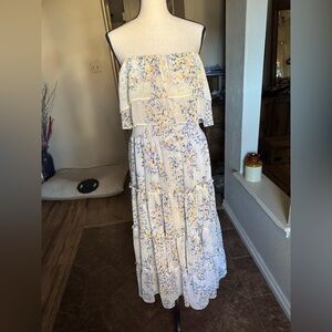 1. State Strapless Floral Dress in Cream and Blue